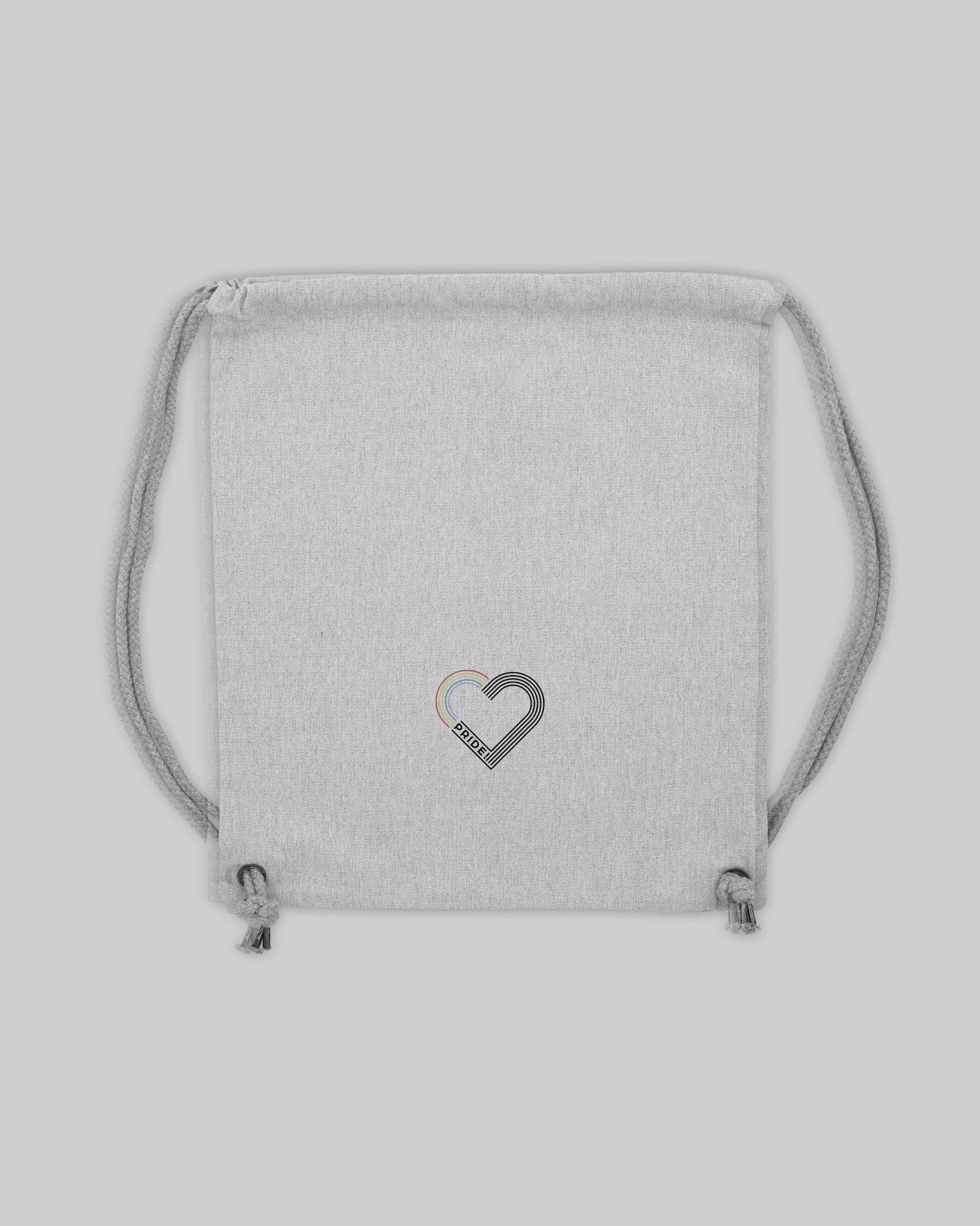 EINHORST® Sportbeutel in "Heather Grey" mit dem Motiv "pride Herz" in der Kombination schwarzer Regenbogen mit schwarzer Schrift, Bild von Sportbeutel von hinten