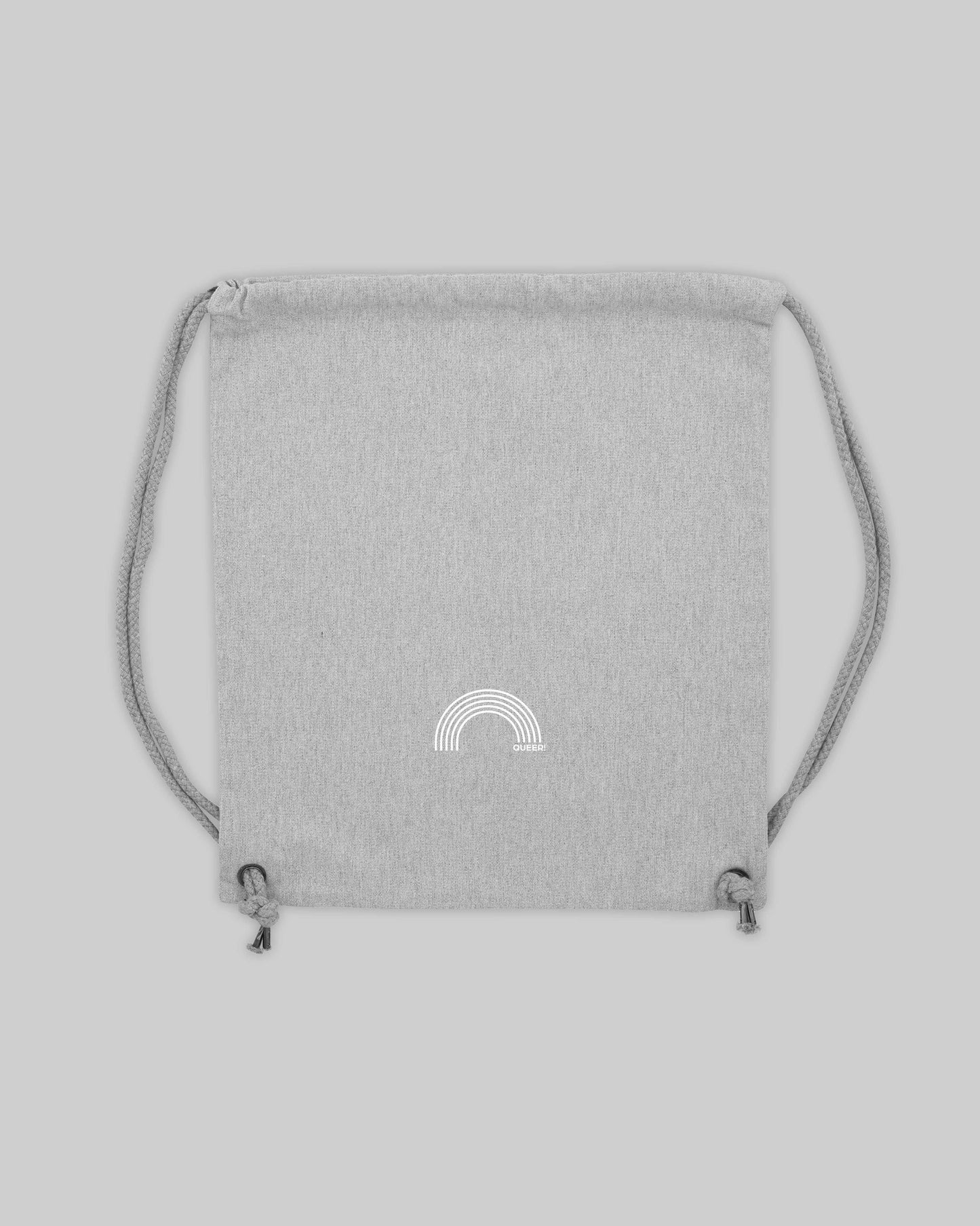 EINHORST® Sportbeutel in "Heather Grey" mit dem Motiv "queer Regenbogen" in der Kombination weißer Regenbogen mit weißer Schrift, Bild von Sportbeutel von hinten
