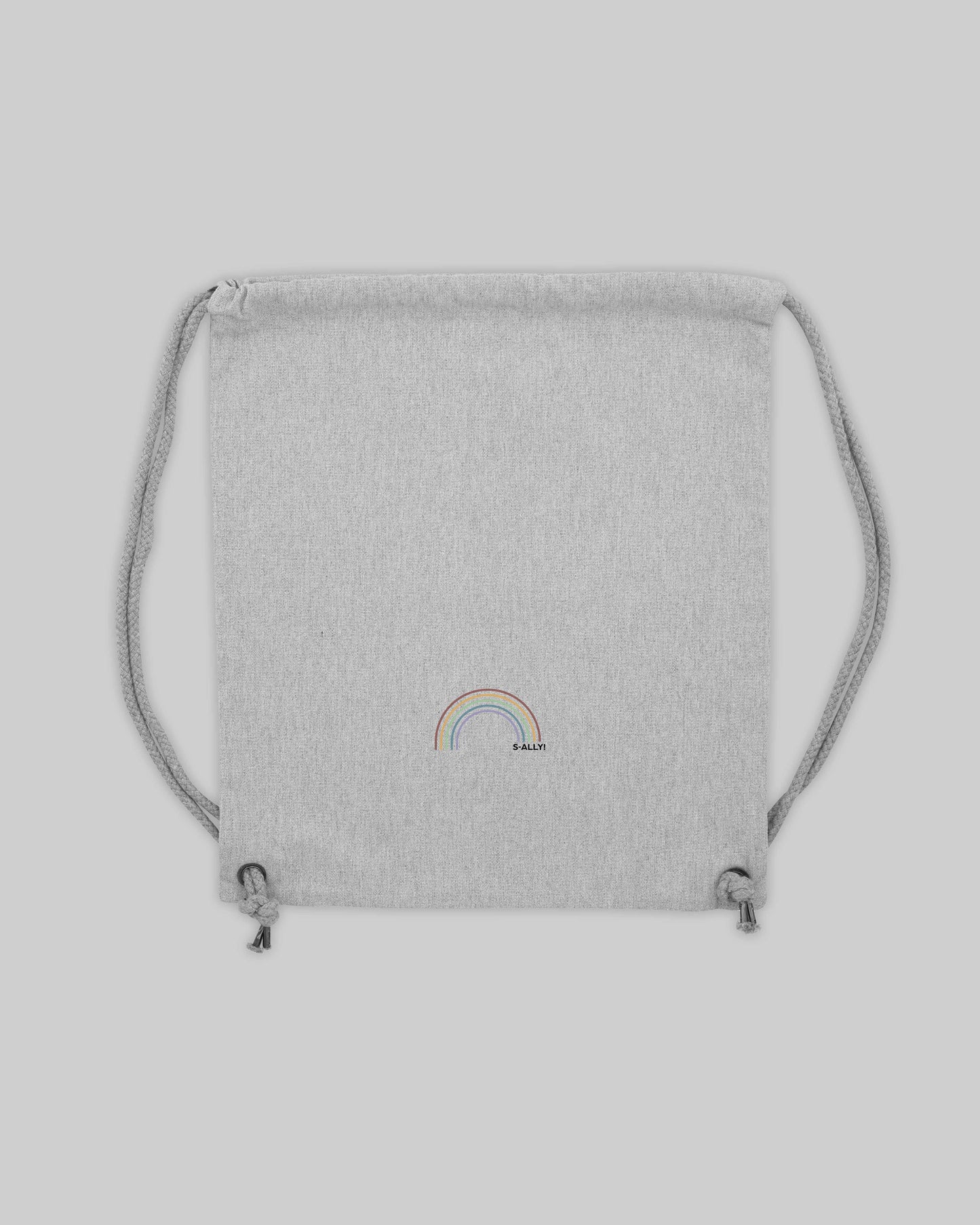 EINHORST® Sportbeutel in "Heather Grey" mit dem Motiv "s-ally Regenbogen" in der Kombination bunter Regenbogen mit schwarzer Schrift, Bild von Sportbeutel von hinten