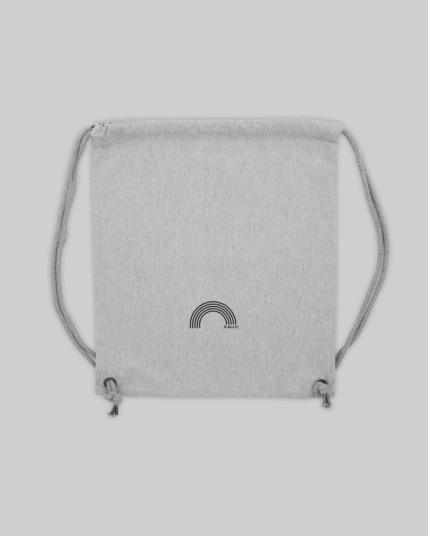 EINHORST® Sportbeutel in "Heather Grey" mit dem Motiv "s-ally Regenbogen" in der Kombination schwarzer Regenbogen mit schwarzer Schrift, Bild von Sportbeutel von hinten