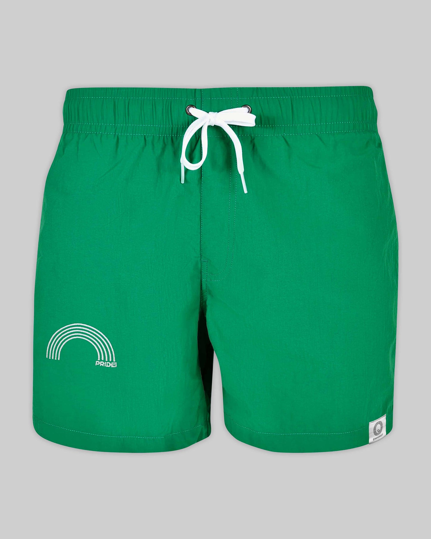 EINHORST® Schwimm- & Sportshorts mit dem Motiv "pride-Regenbogen" in der Farbe "Forestgreen", Bild von vorne