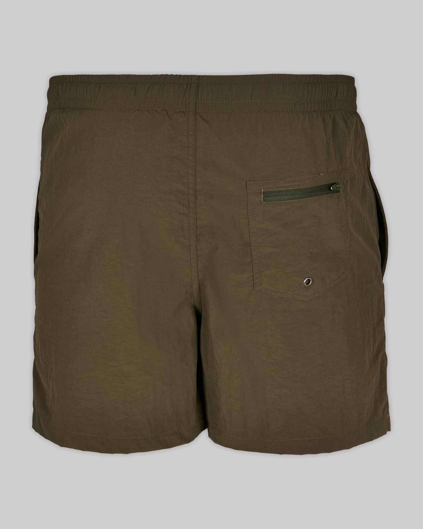 EINHORST® Schwimm- & Sportshorts mit dem Motiv "pride-Regenbogen" in der Farbe "Olive", Bild von hinten