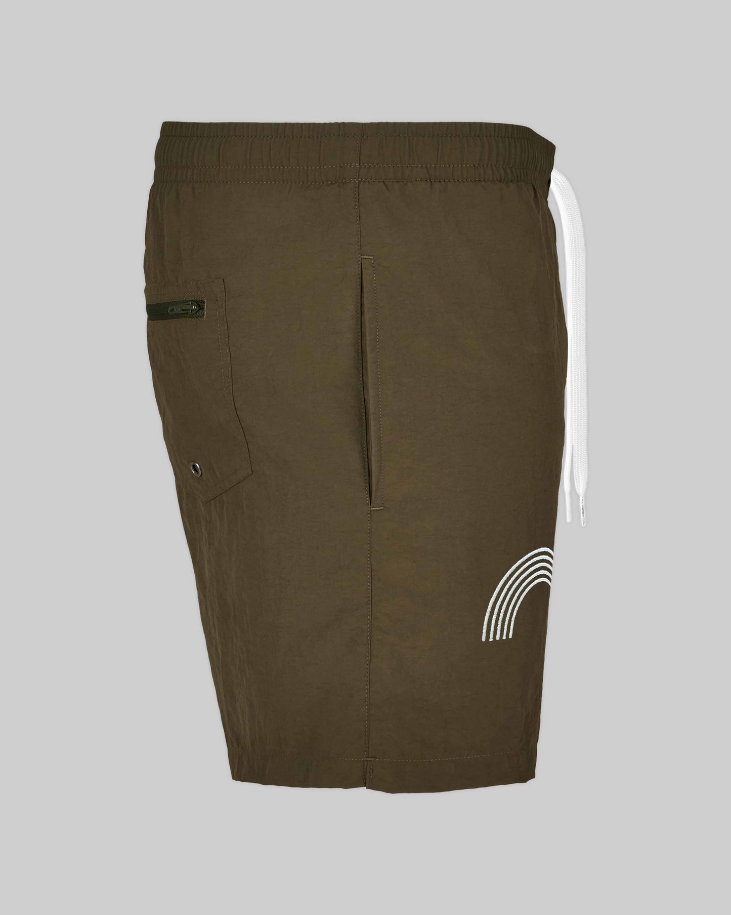 EINHORST® Schwimm- & Sportshorts mit dem Motiv "pride-Regenbogen" in der Farbe "Olive", Bild von der Seite