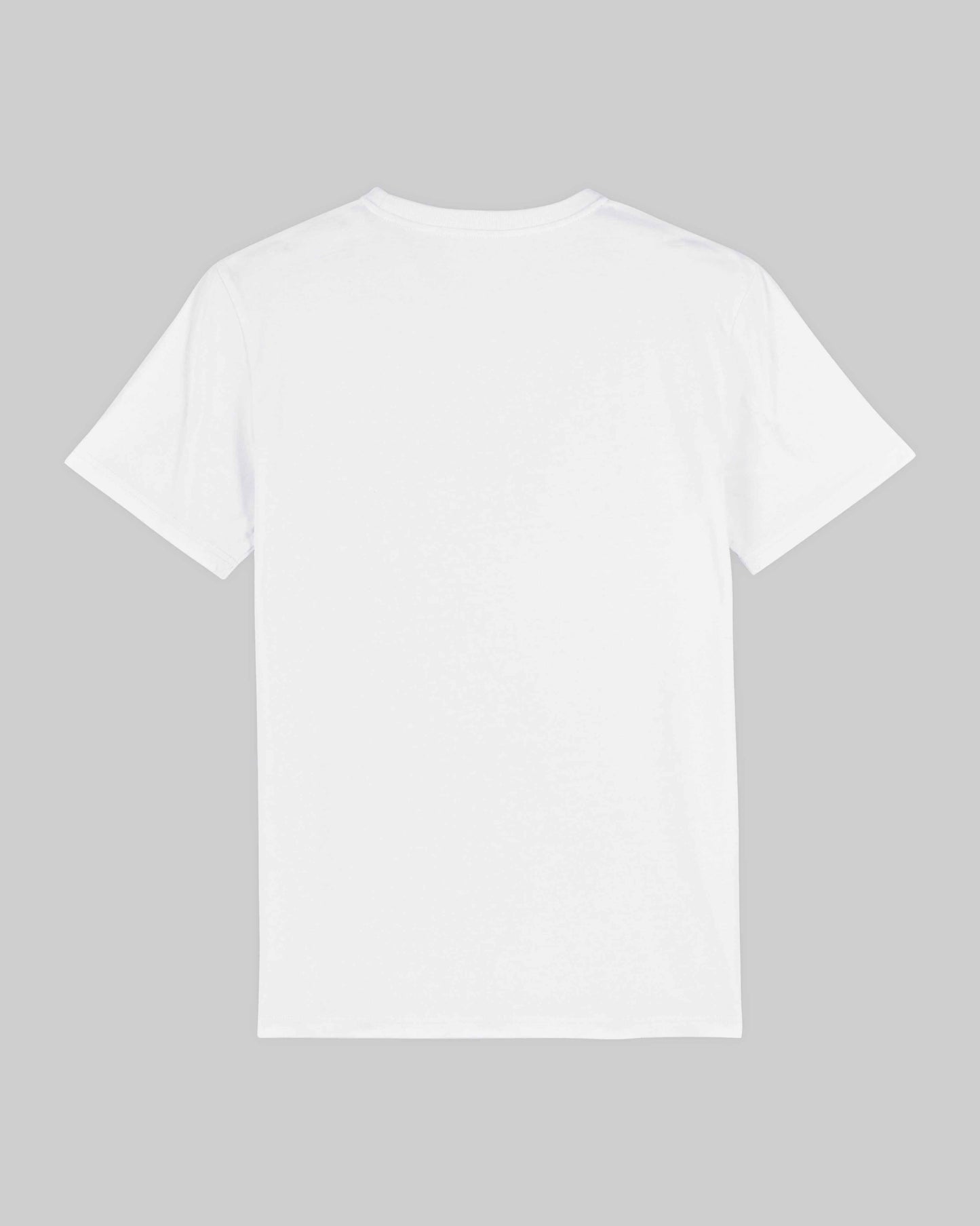 EINHORST® unisex Organic Shirt in Weiß mit dem Motiv "pride Regenbogen" in der Kombination bunter Regenbogen mit schwarzer Schrift, Bild von Shirt von hinten