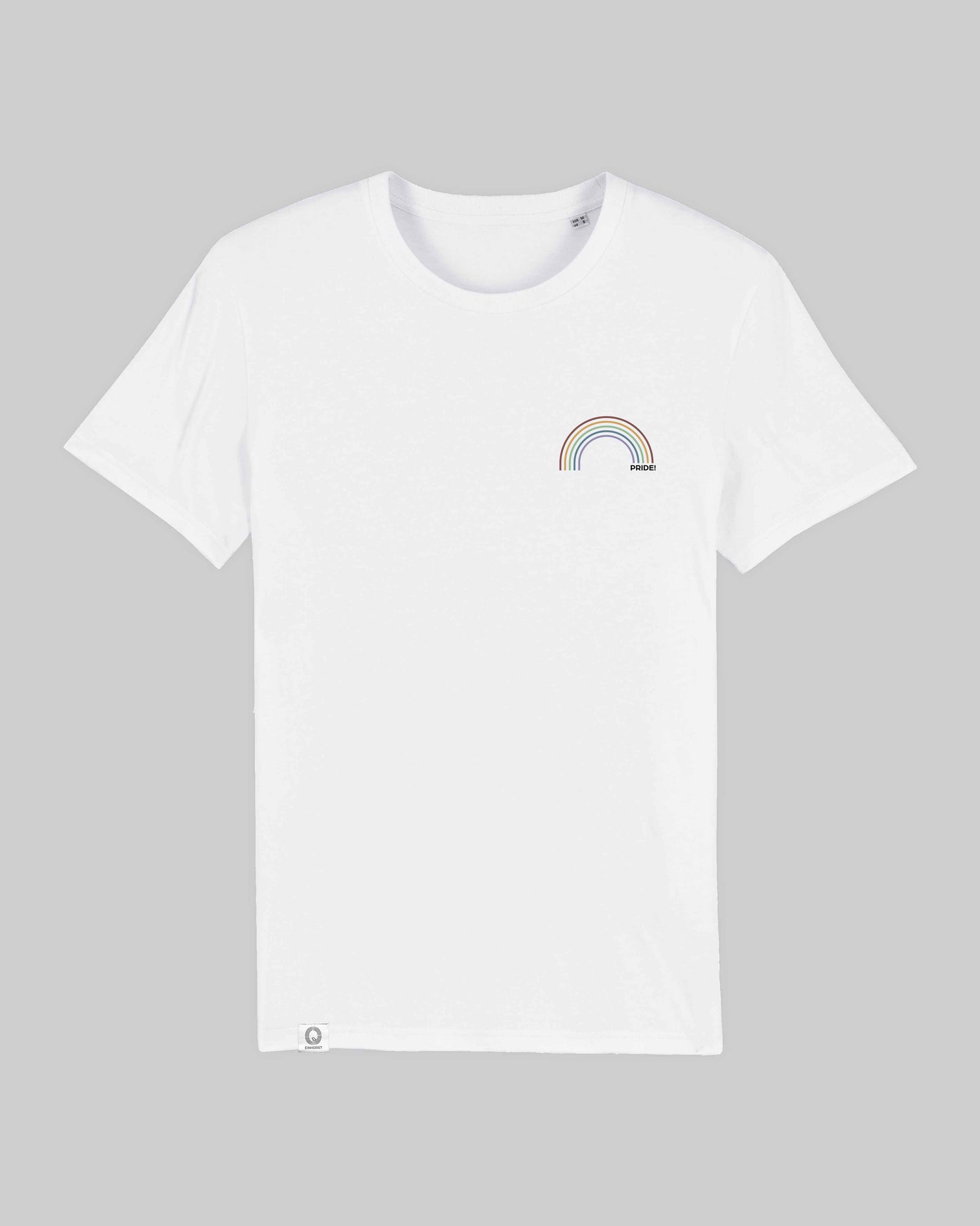 EINHORST® unisex Organic Shirt in Weiß mit dem Motiv "pride Regenbogen" in der Kombination bunter Regenbogen mit schwarzer Schrift, Bild von Shirt von vorne
