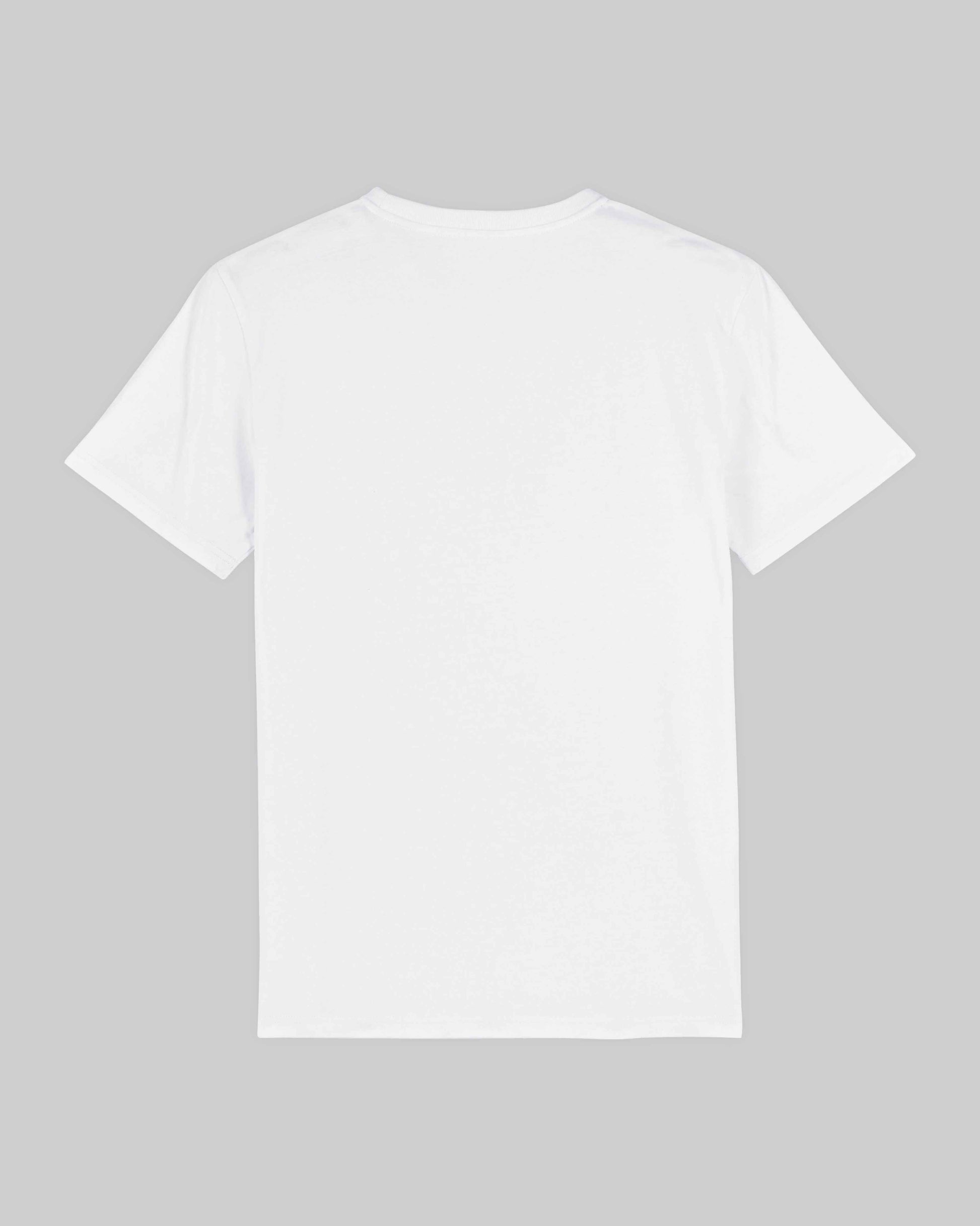 EINHORST® unisex Organic Shirt in Weiß mit dem Motiv "pride Regenbogen" in der Kombination schwarzer Regenbogen mit bunter Schrift, Bild von Shirt von hinten