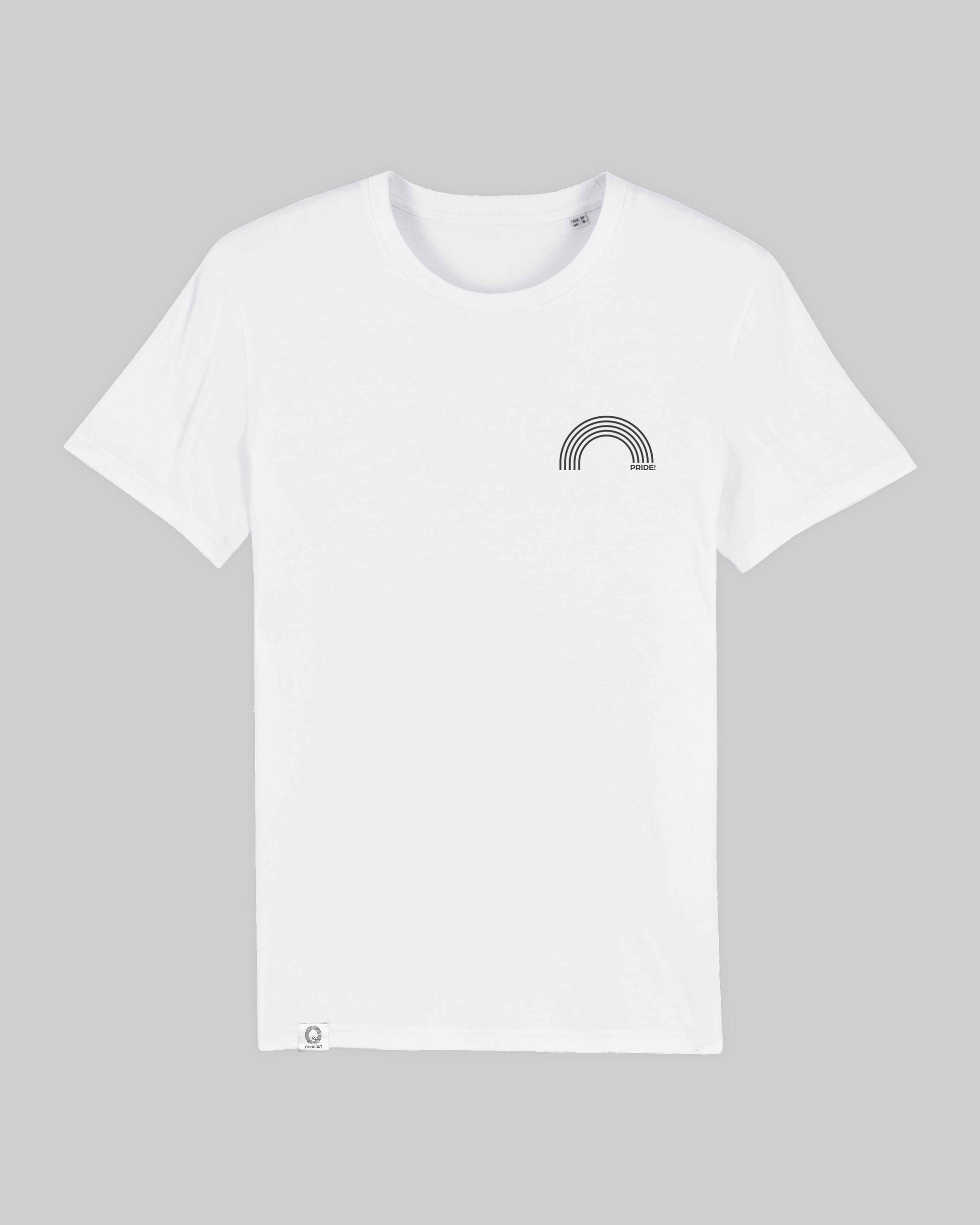 EINHORST® unisex Organic Shirt in Weiß mit dem Motiv "pride Regenbogen" in der Kombination schwarzer Regenbogen mit schwarzer Schrift, Bild von Shirt von vorne