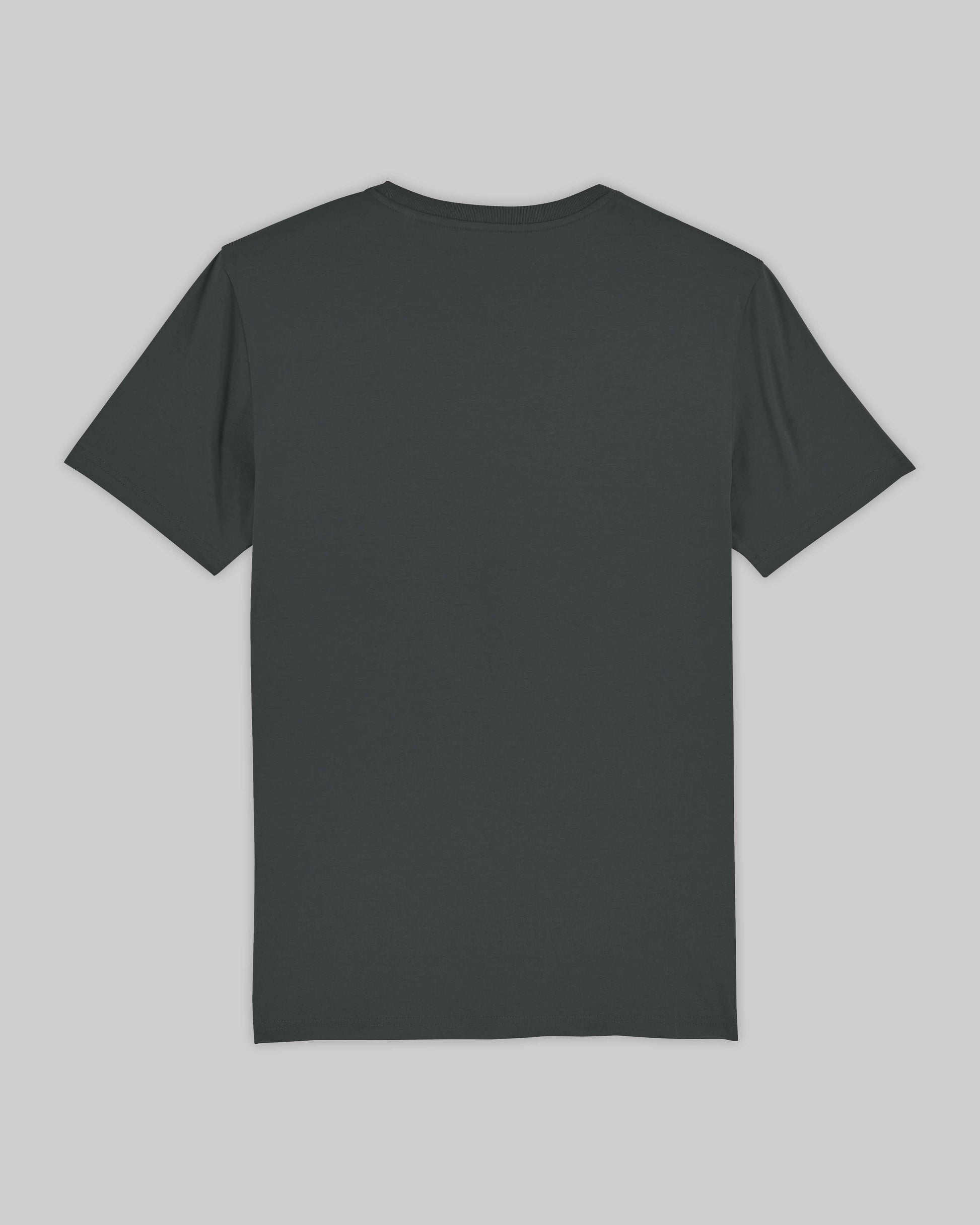 EINHORST® unisex Organic Shirt in "Anthracite" mit dem Motiv "pride Regenbogen" in der Kombination schwarzer Regenbogen mit schwarzer Schrift, Bild von Shirt von hinten