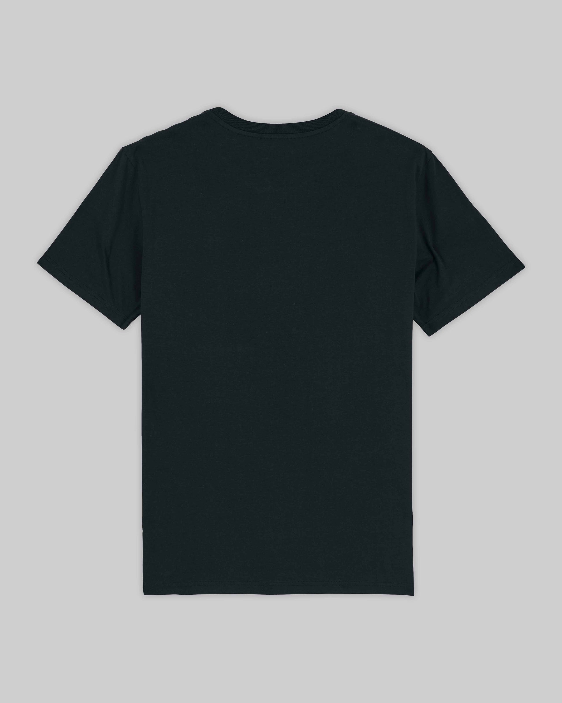 EINHORST® unisex Organic Shirt in Schwarz mit dem Motiv "pride Regenbogen" in der Kombination weißer Regenbogen mit weißer Schrift, Bild von Shirt von hinten