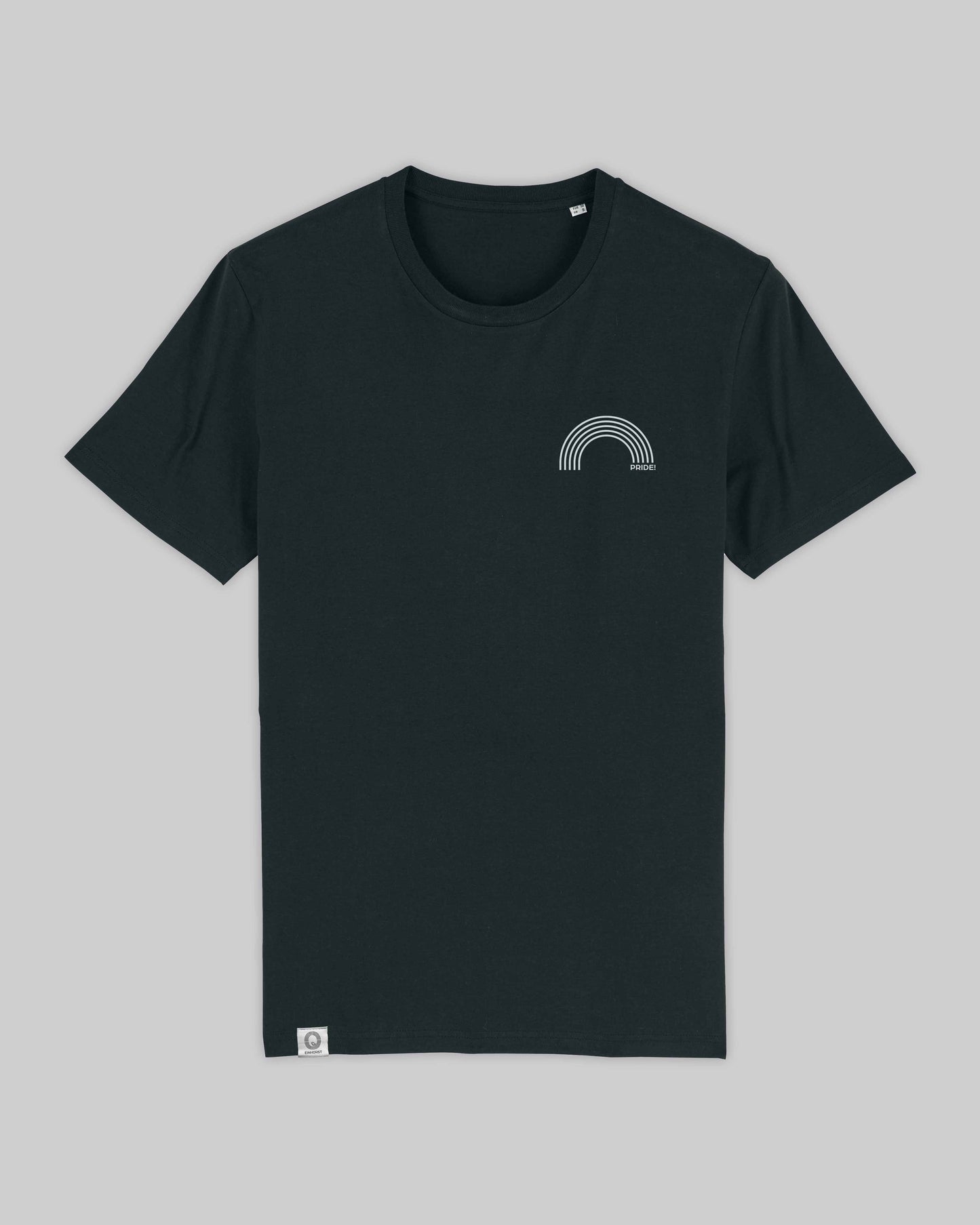 EINHORST® unisex Organic Shirt in Schwarz mit dem Motiv "pride Regenbogen" in der Kombination weißer Regenbogen mit weißer Schrift, Bild von Shirt von vorne