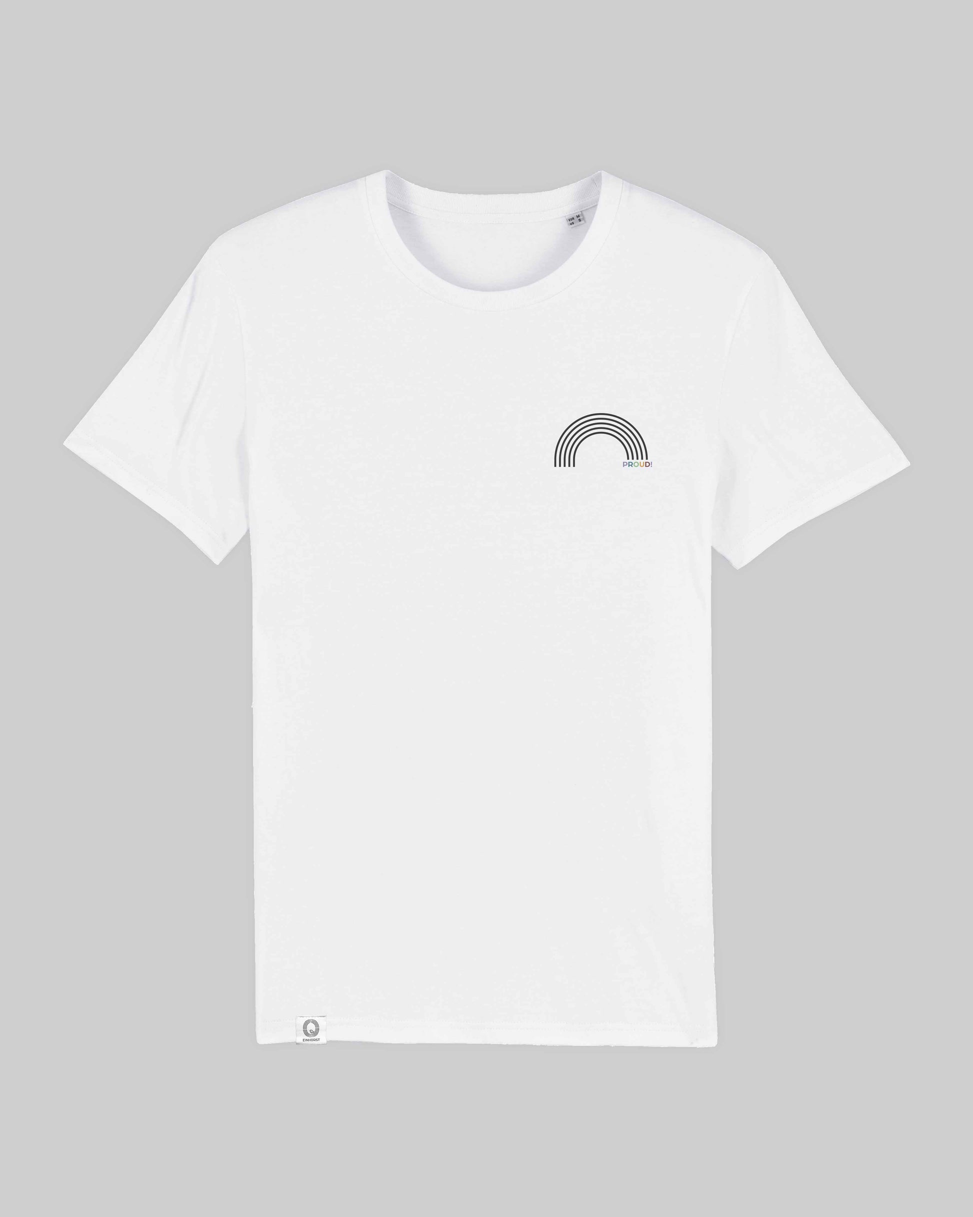 EINHORST® unisex Organic Shirt in Weiß mit dem Motiv "proud Regenbogen" in der Kombination schwarzer Regenbogen mit bunter Schrift, Bild von Shirt von vorne