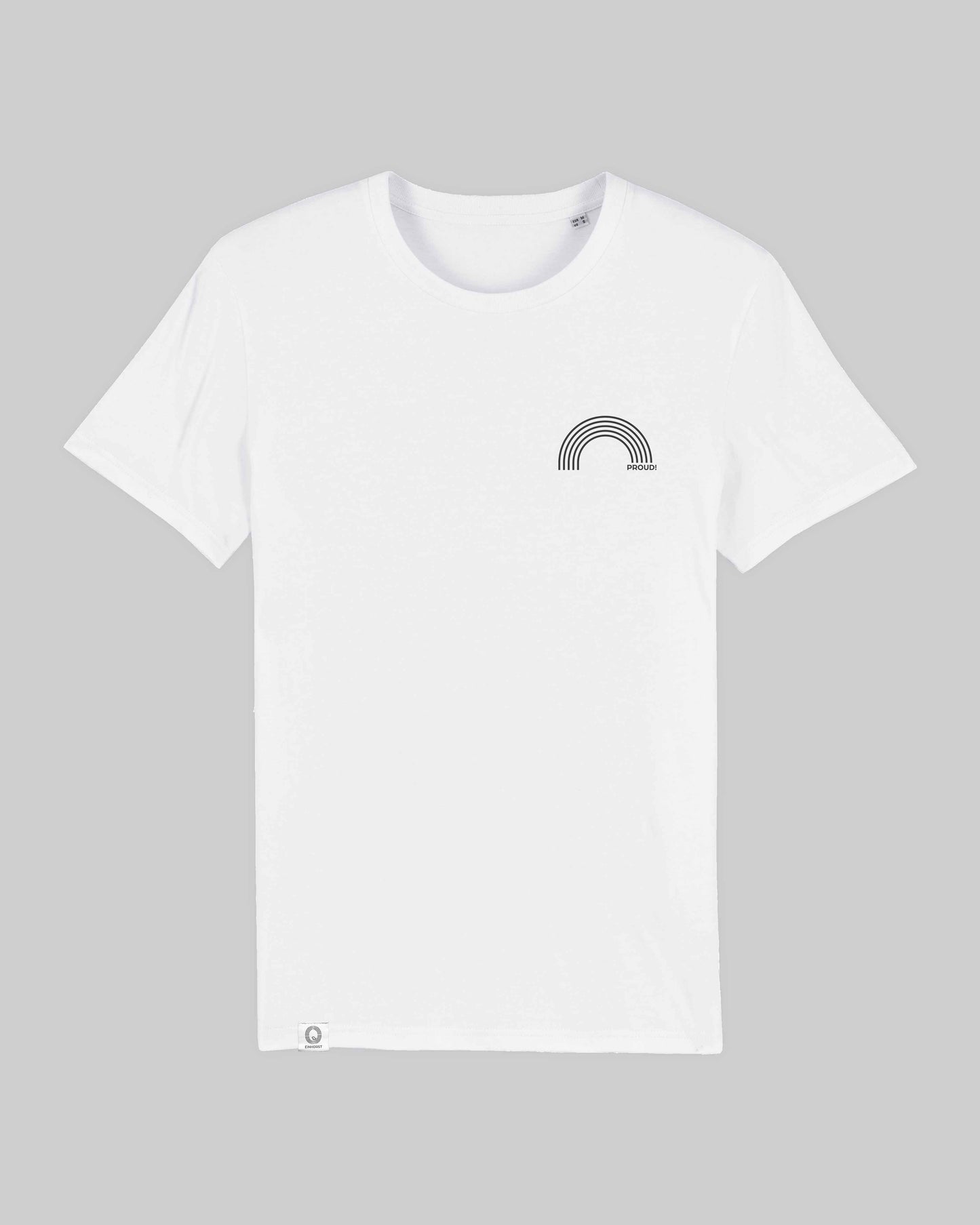 EINHORST® unisex Organic Shirt in Weiß mit dem Motiv "proud Regenbogen" in der Kombination schwarzer Regenbogen mit schwarzer Schrift, Bild von Shirt von vorne