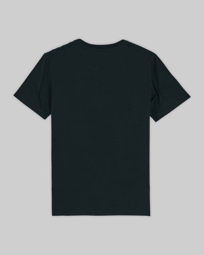 EINHORST® unisex Organic Shirt in Schwarz mit dem Motiv "proud Regenbogen" in der Kombination weißer Regenbogen mit weißer Schrift, Bild von Shirt von hinten
