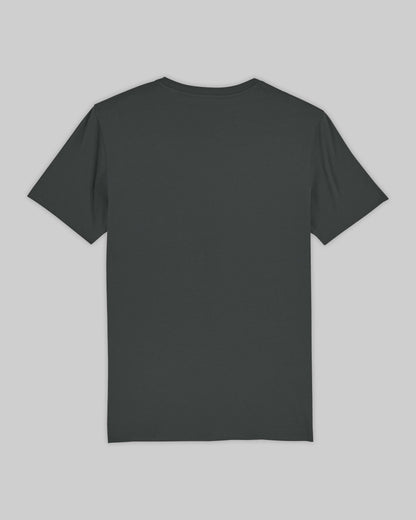 EINHORST® unisex Organic Shirt in "Anthracite" mit dem Motiv "equal-Regenbogen" in der Kombination schwarzer Regenbogen mit schwarzer Schrift, Bild von Shirt von hinten