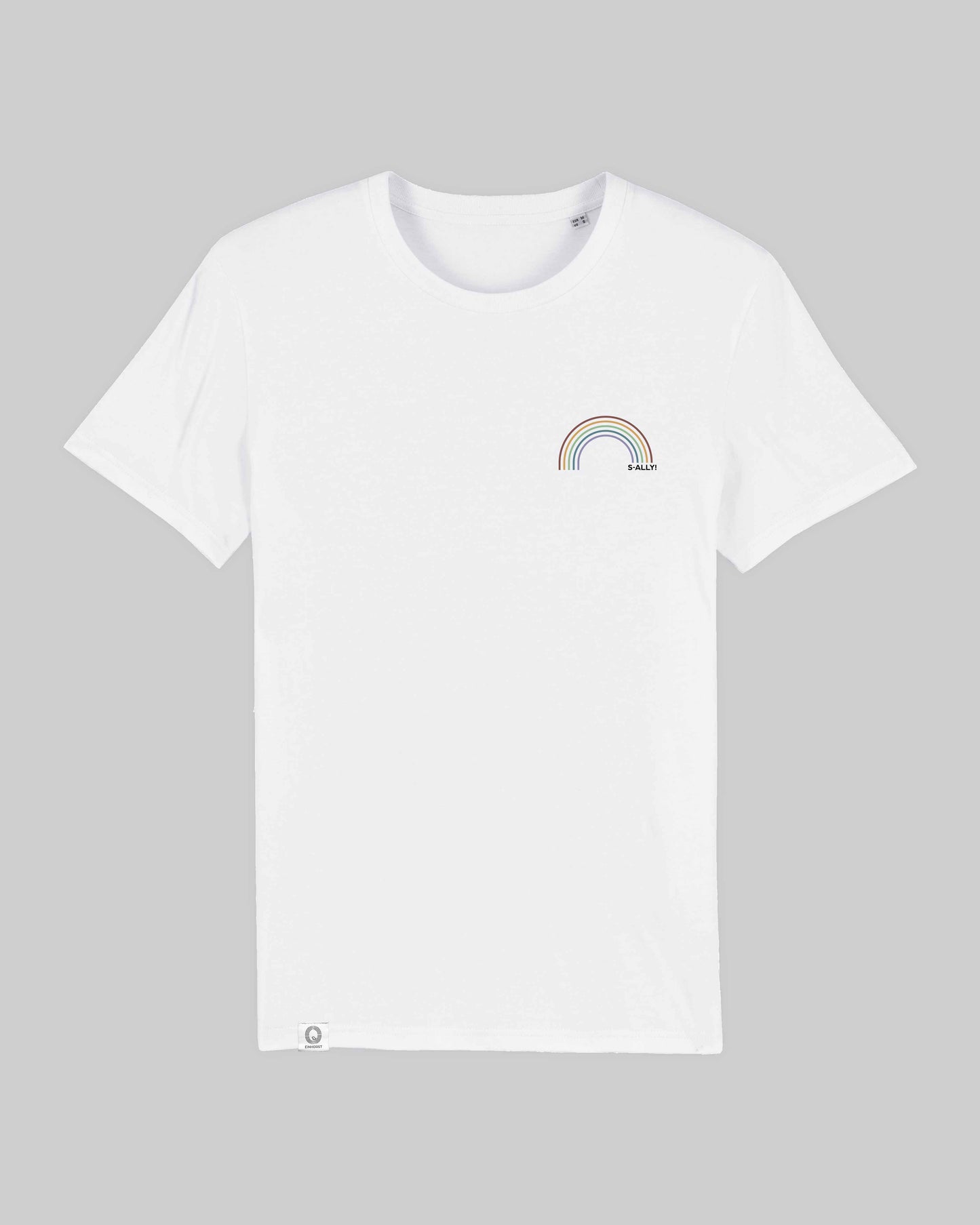 EINHORST® unisex Organic Shirt in Weiß mit dem Motiv "s-ally Regenbogen" in der Kombination bunter Regenbogen mit schwarzer Schrift, Bild von Shirt von vorne