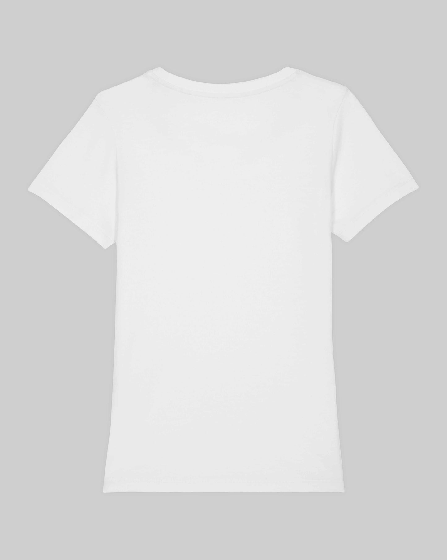 EINHORST® Organic Shirt tailliert in "Weiß" mit dem Motiv "pride Regenbogen" in der Kombination schwarzer Regenbogen mit bunter Schrift, Bild von Shirt von hinten