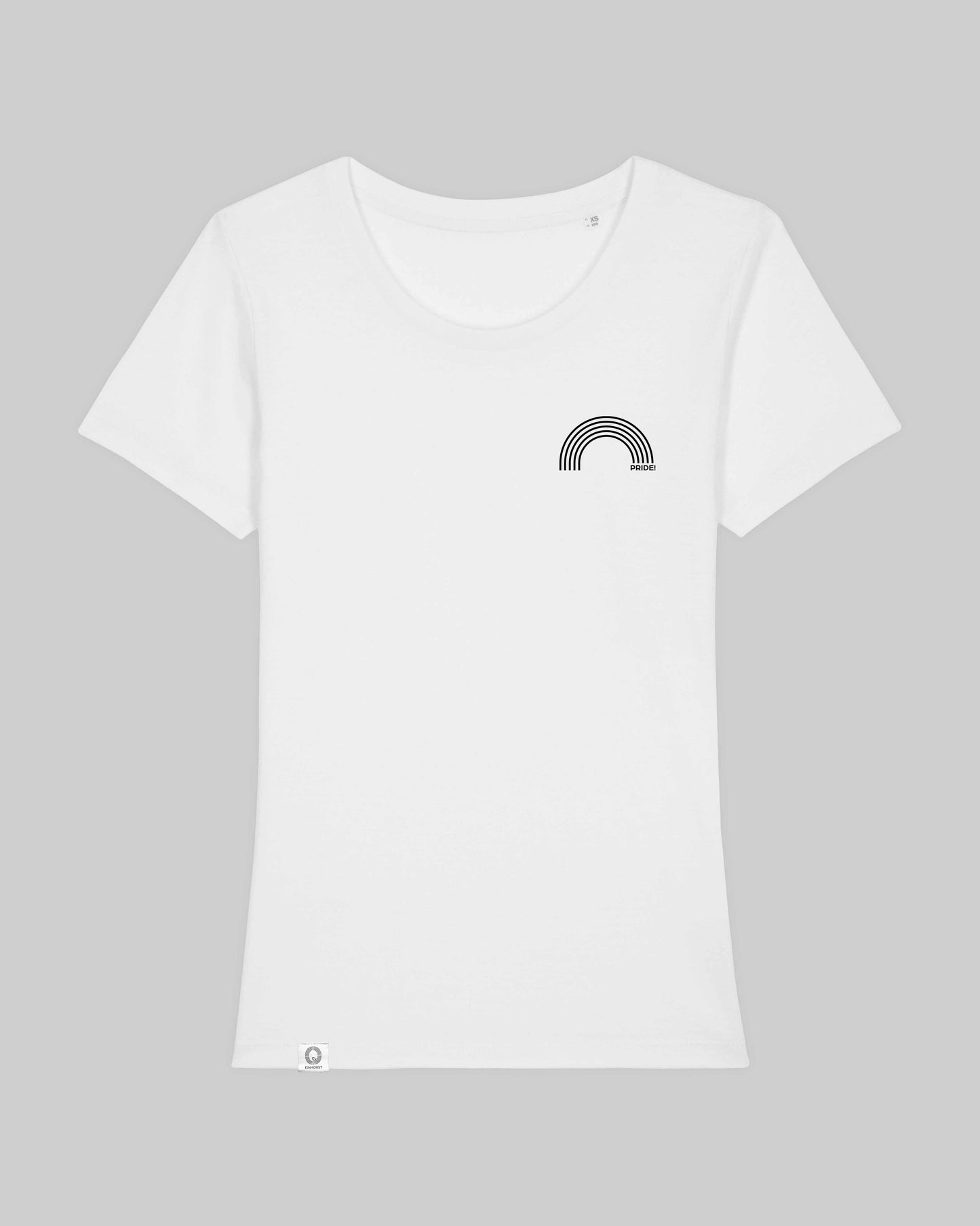 EINHORST® Organic Shirt tailliert in "Weiß" mit dem Motiv "pride Regenbogen" in der Kombination schwarzer Regenbogen mit schwarzer Schrift, Bild von Shirt von vorne