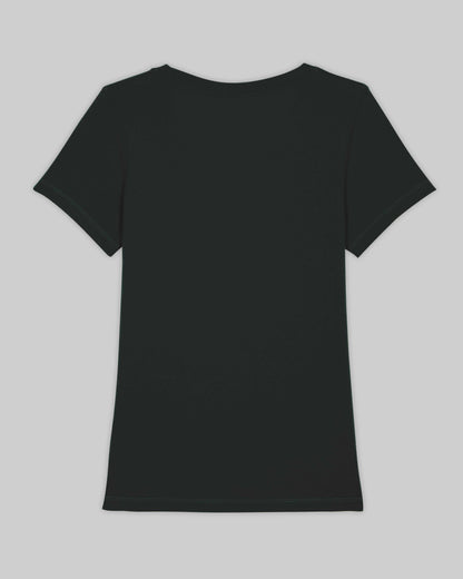 EINHORST® Organic Shirt tailliert in "Schwarz" mit dem Motiv "pride Regenbogen" in der Kombination weißer Regenbogen mit weißer Schrift, Bild von Shirt von hinten