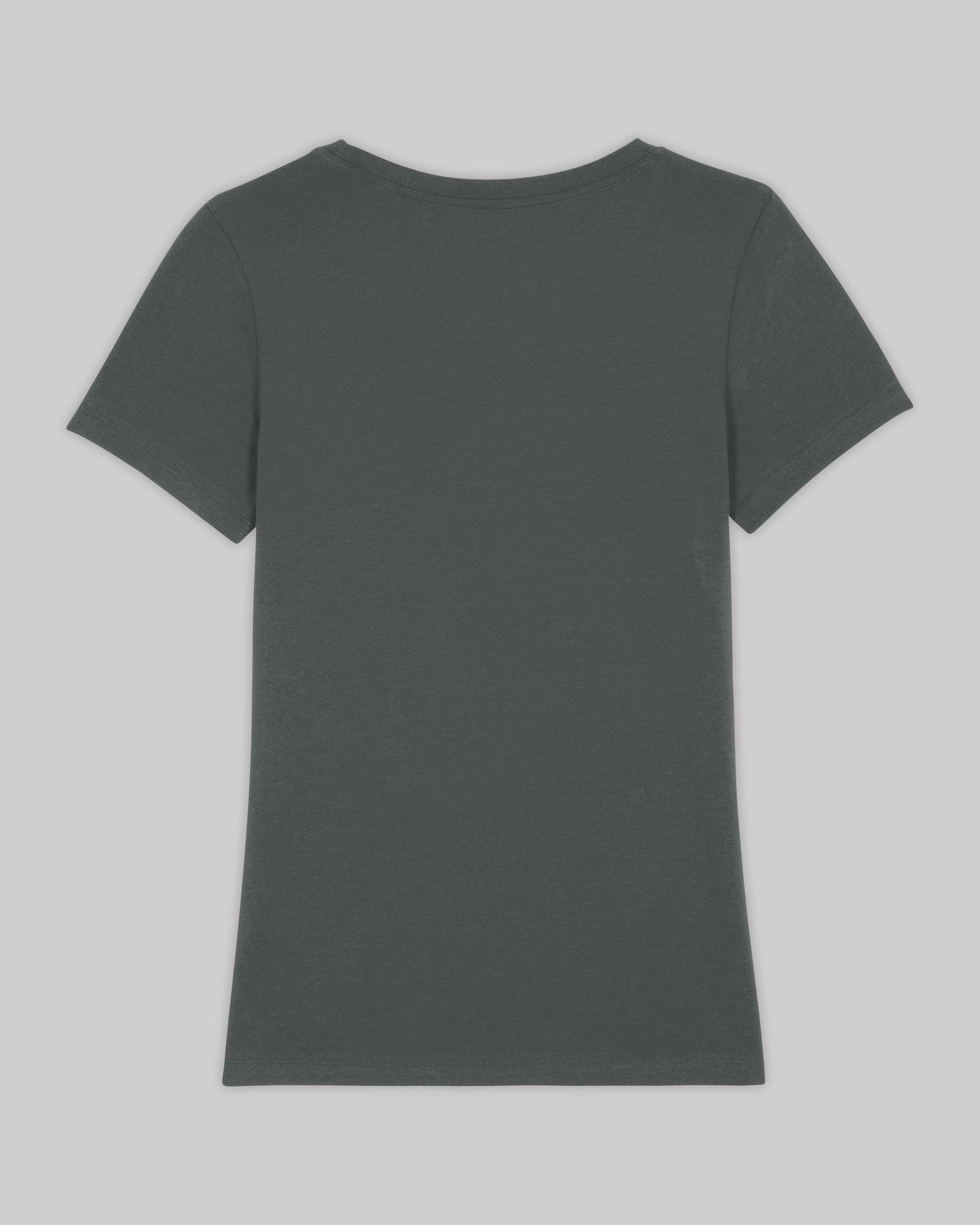 EINHORST® Organic Shirt tailliert in "Anthracite" mit dem Motiv "pride Regenbogen" in der Kombination weißer Regenbogen mit weißer Schrift, Bild von Shirt von hinten