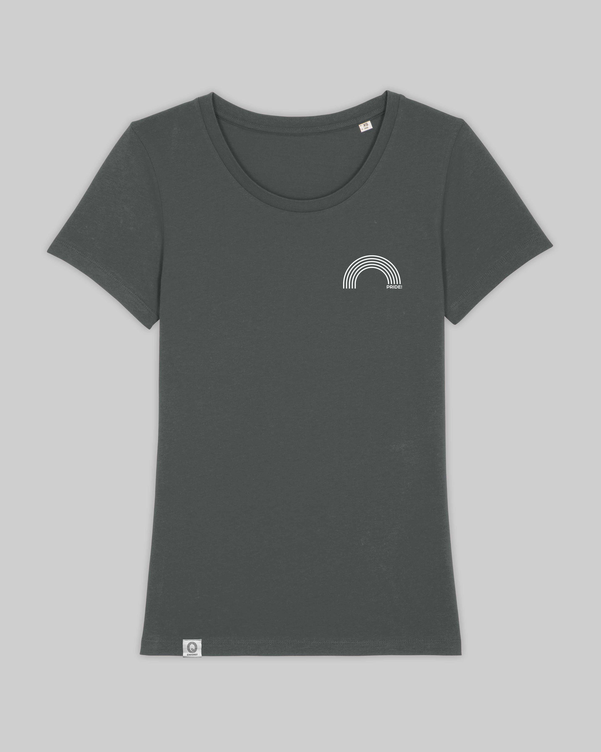 EINHORST® Organic Shirt tailliert in "Anthracite" mit dem Motiv "pride Regenbogen" in der Kombination weißer Regenbogen mit weißer Schrift, Bild von Shirt von vorne