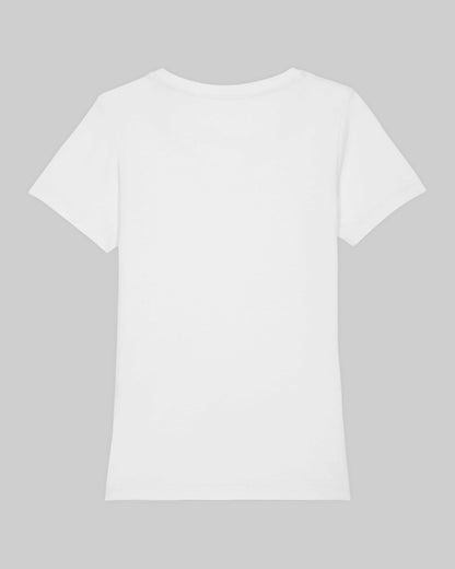 EINHORST® Organic Shirt tailliert in "Weiß" mit dem Motiv "proud Regenbogen" in der Kombination schwarzer Regenbogen mit bunter Schrift, Bild von Shirt von hinten