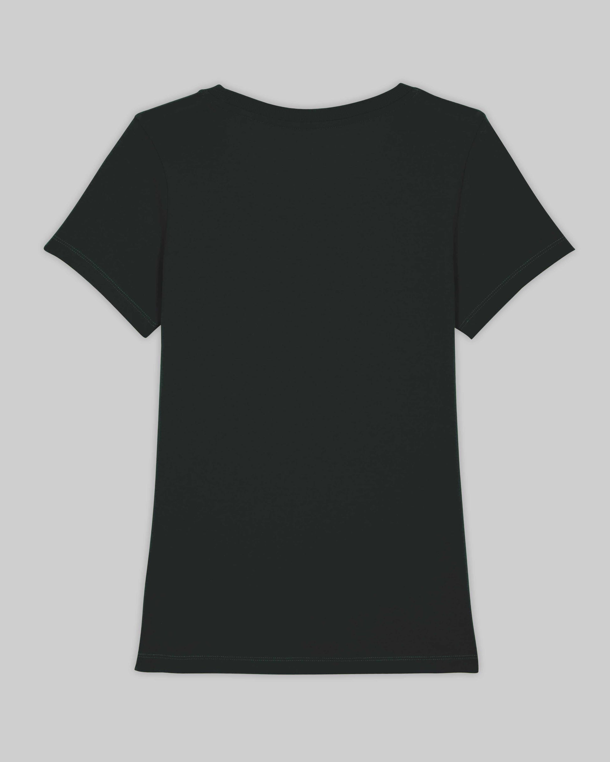 EINHORST® Organic Shirt tailliert in "Schwarz" mit dem Motiv "proud Regenbogen" in der Kombination weißer Regenbogen mit weißer Schrift, Bild von Shirt von hinten