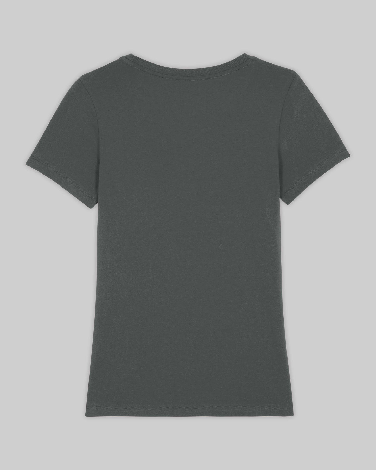 EINHORST® Organic Shirt tailliert in "Anthracite" mit dem Motiv "proud Regenbogen" in der Kombination weißer Regenbogen mit weißer Schrift, Bild von Shirt von hinten