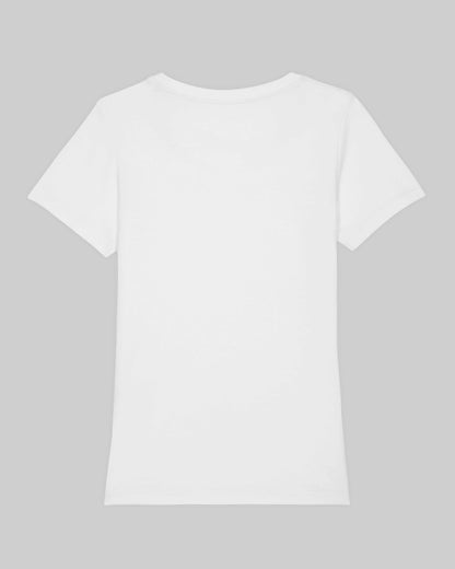 EINHORST® Organic Shirt tailliert in "Weiß" mit dem Motiv "queer Regenbogen" in der Kombination bunter Regenbogen mit schwarzer Schrift, Bild von Shirt von hinten