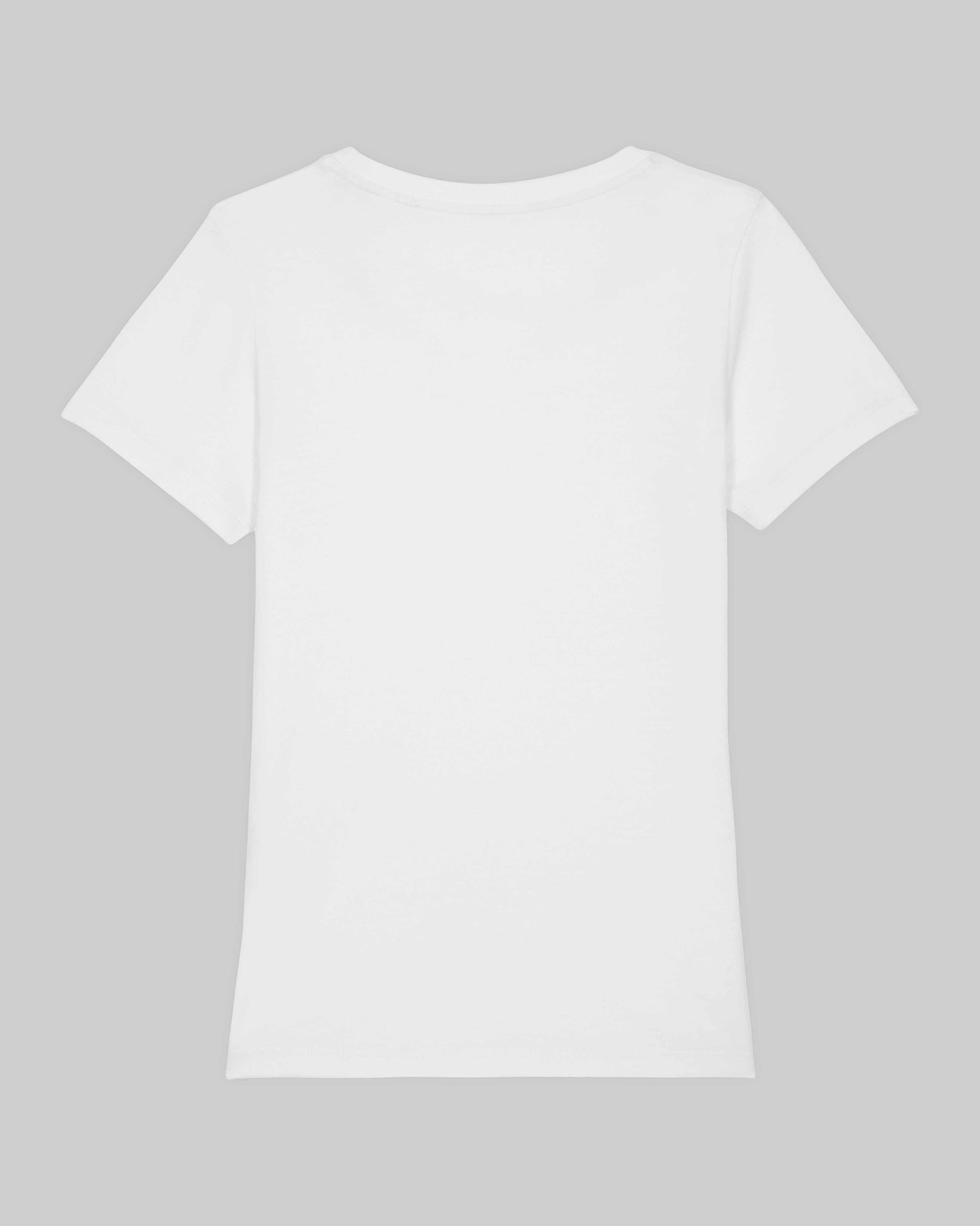 EINHORST® Organic Shirt tailliert in "Weiß" mit dem Motiv "queer Regenbogen" in der Kombination schwarzer Regenbogen mit bunter Schrift, Bild von Shirt von hinten