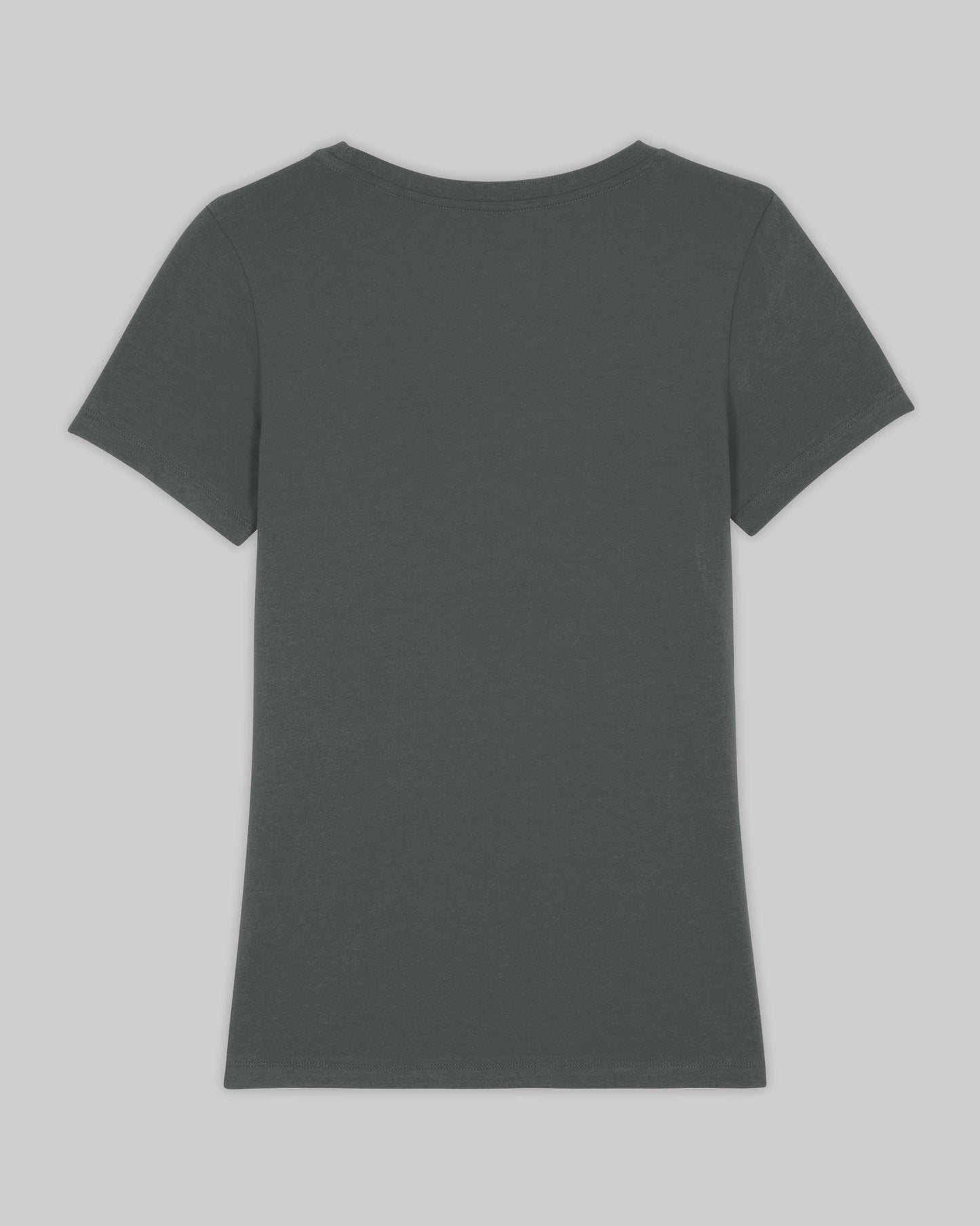 EINHORST® Organic Shirt tailliert in "Anthracite" mit dem Motiv "equal Regenbogen" in der Kombination schwarzer Regenbogen mit schwarzer Schrift, Bild von Shirt von hinten