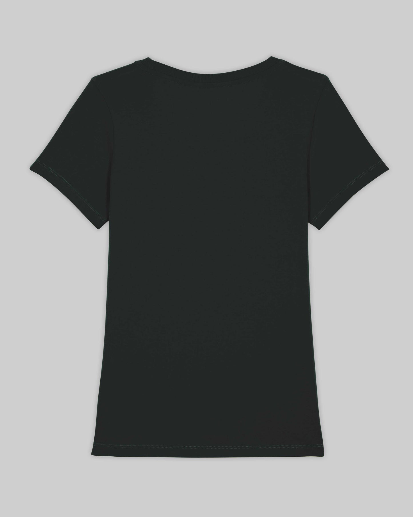 EINHORST® Organic Shirt tailliert in "Schwarz" mit dem Motiv "s-ally Regenbogen" in der Kombination weißer Regenbogen mit weißer Schrift, Bild von Shirt von hinten