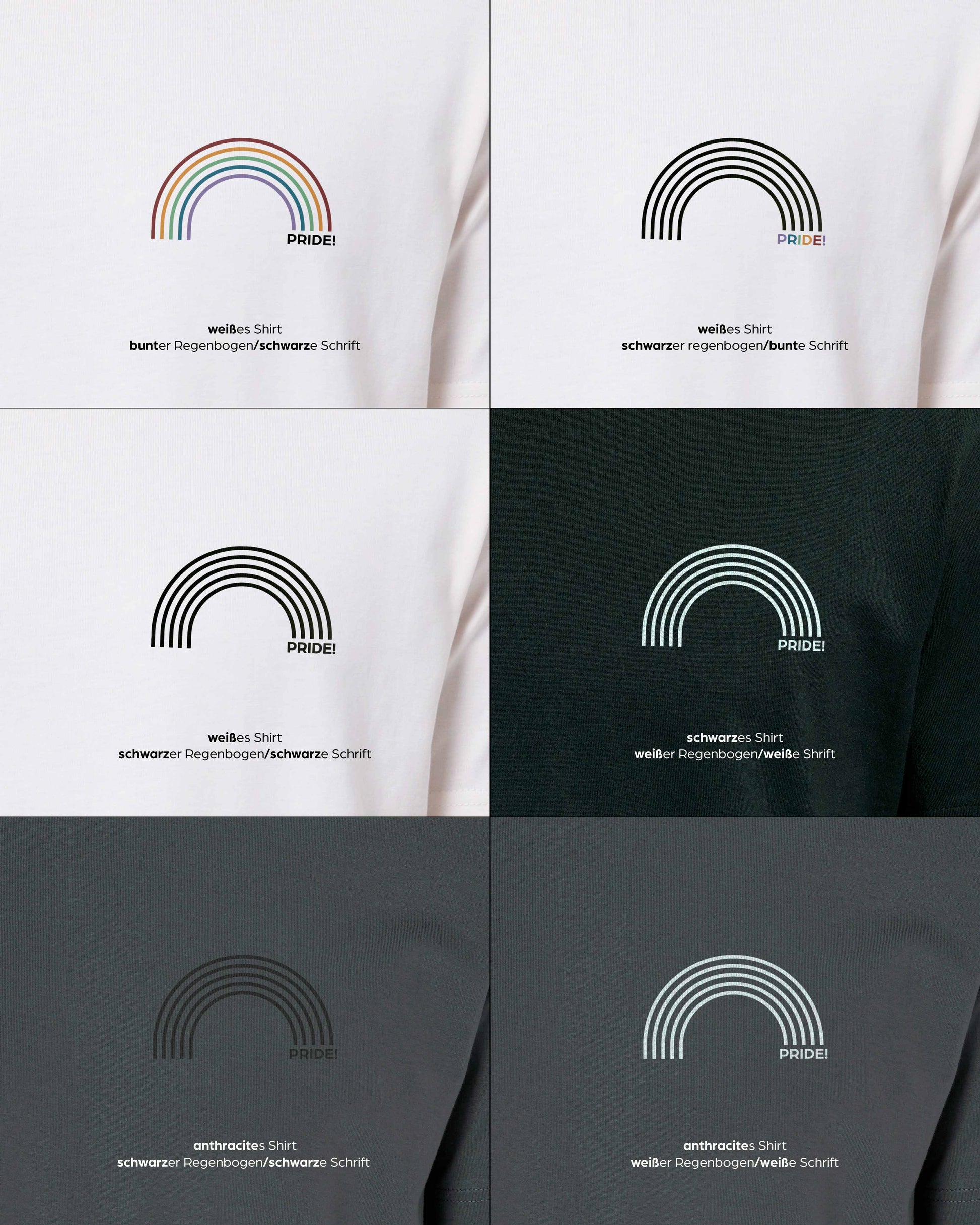 EINHORST® unisex Organic Shirt in mit dem Motiv "pride Regenbogen", Bild von allen Farbkombinationen