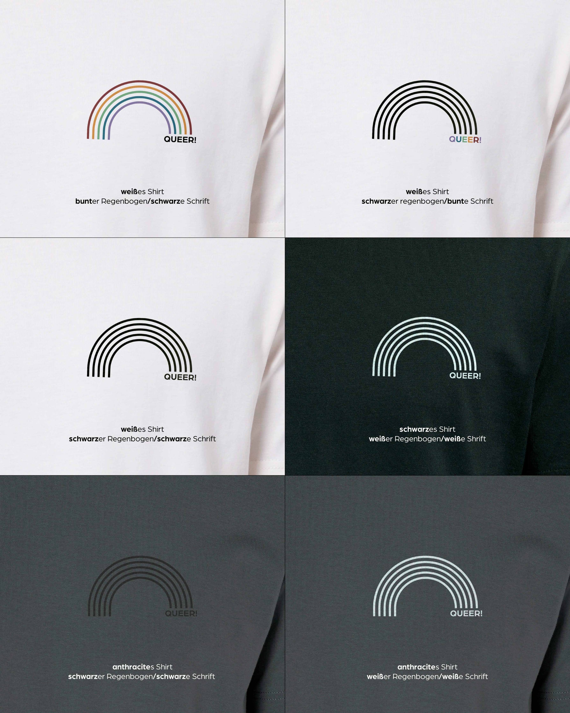 EINHORST® unisex Organic Shirt mit dem Motiv "queer Regenbogen", Bild von allen Farbkombinationen