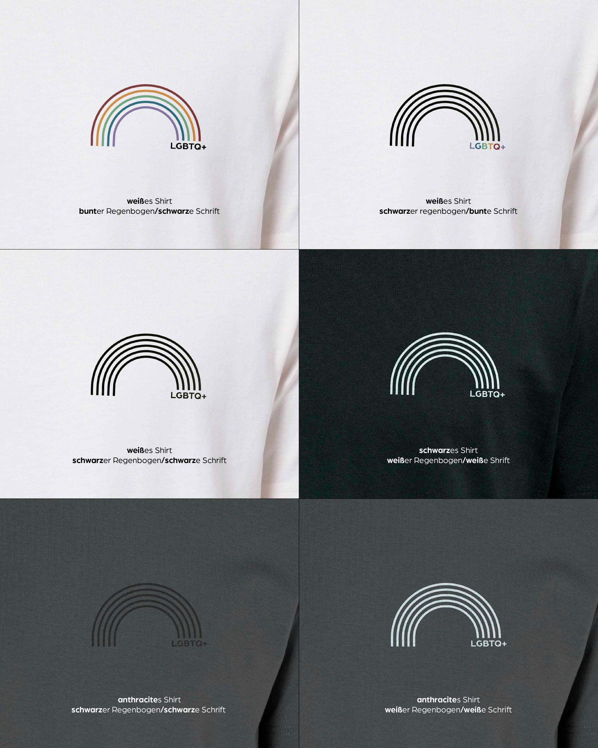 EINHORST® unisex Organic Shirt mit dem Motiv "lgbtq+ Regenbogen", Bild von allen Farbkombinationen