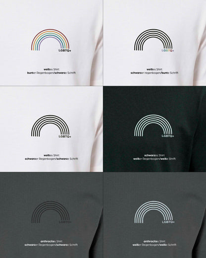 EINHORST® unisex Organic Shirt mit dem Motiv "lgbtq+ Regenbogen", Bild von allen Farbkombinationen