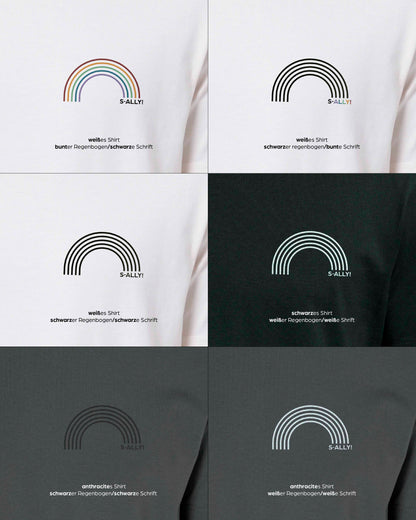 EINHORST® unisex Organic Shirt mit dem Motiv "s-ally Regenbogen", Bild von allen Farbkombinationen